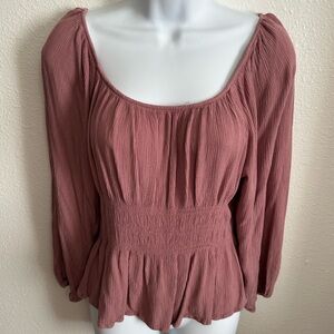 Pink Rose Mauve Dusty Pink Smocked Blouse Size Large